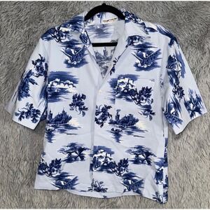 Y2k Tailor Men's Short Sleeve Button Up Shirt Blue White Scenic Print Size M